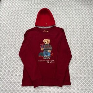 Polo by Ralph Lauren Burgundy Long Sleeve Shirt with Bear Design with Red Beenie